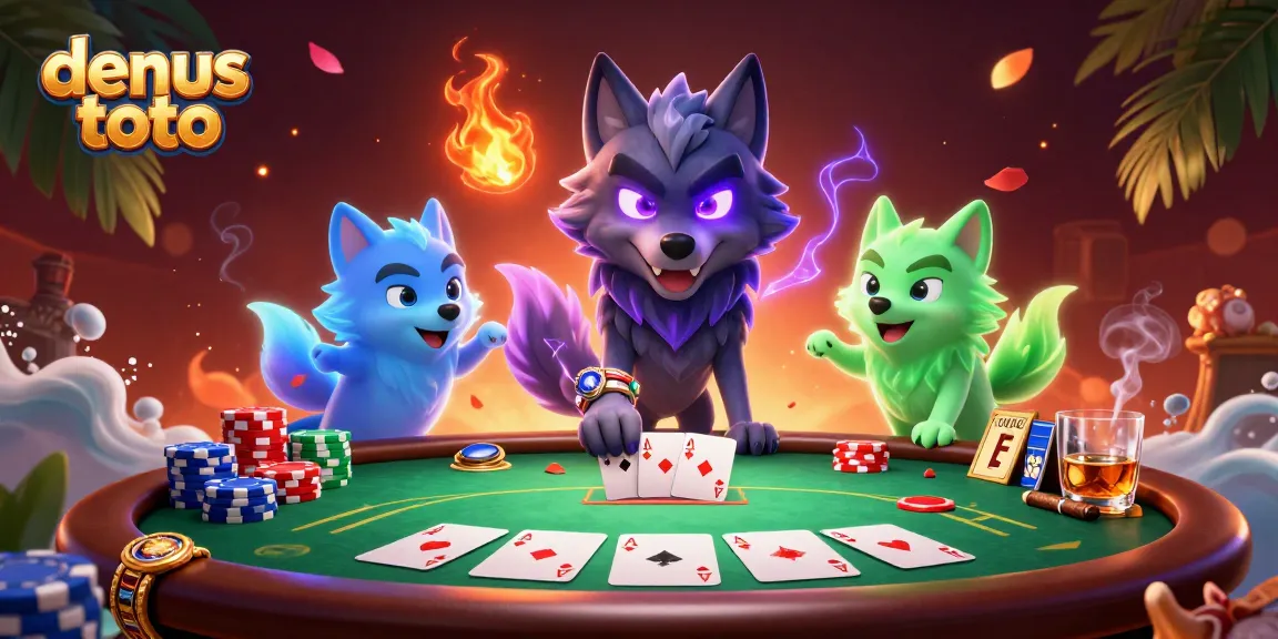Permainan densus toto dengan pemimpin serigala, chip poker, dan suasana kasino yang menawan.