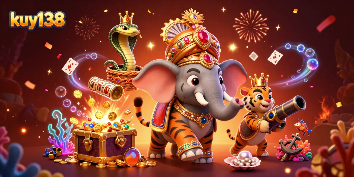 Gambarkan keseruan bermain kuy138 dengan harimau maharaja dan elefant berhias permata.