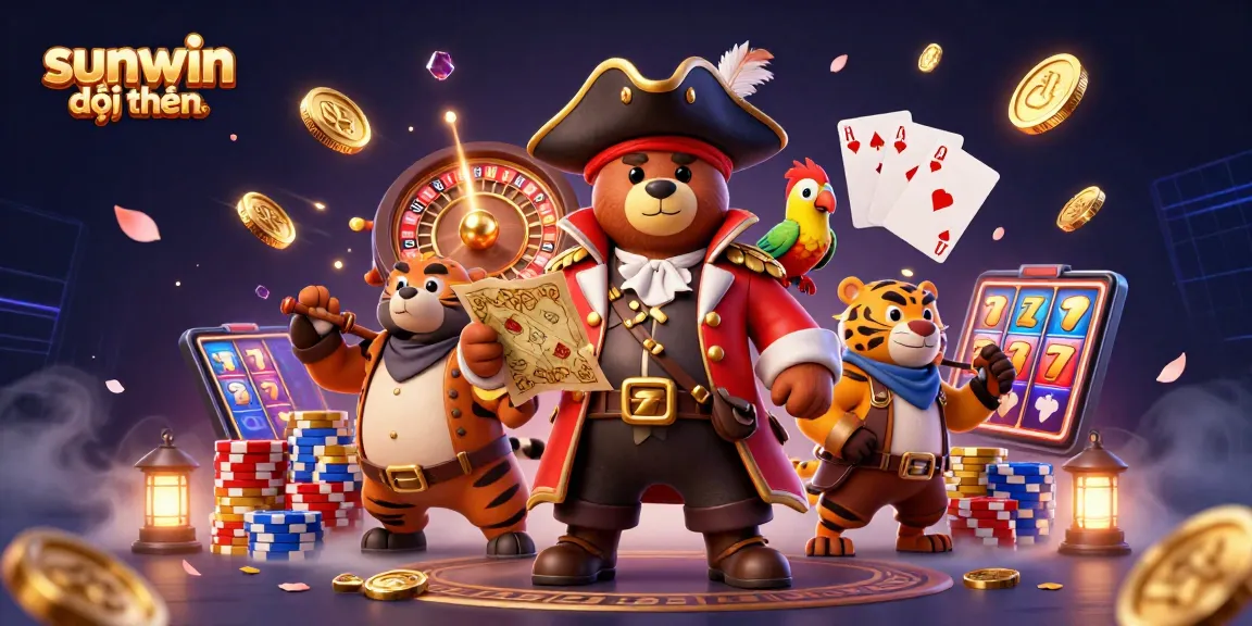 Experience the thrill with sunwin đổi thưởng in this vibrant 3D casino scene featuring pirates, treasures, and gaming excitement.
