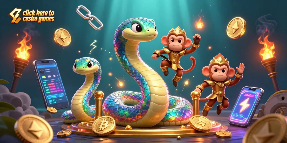 Click here to play casino games with a colorful serpent and monkey amidst dynamic gaming elements.