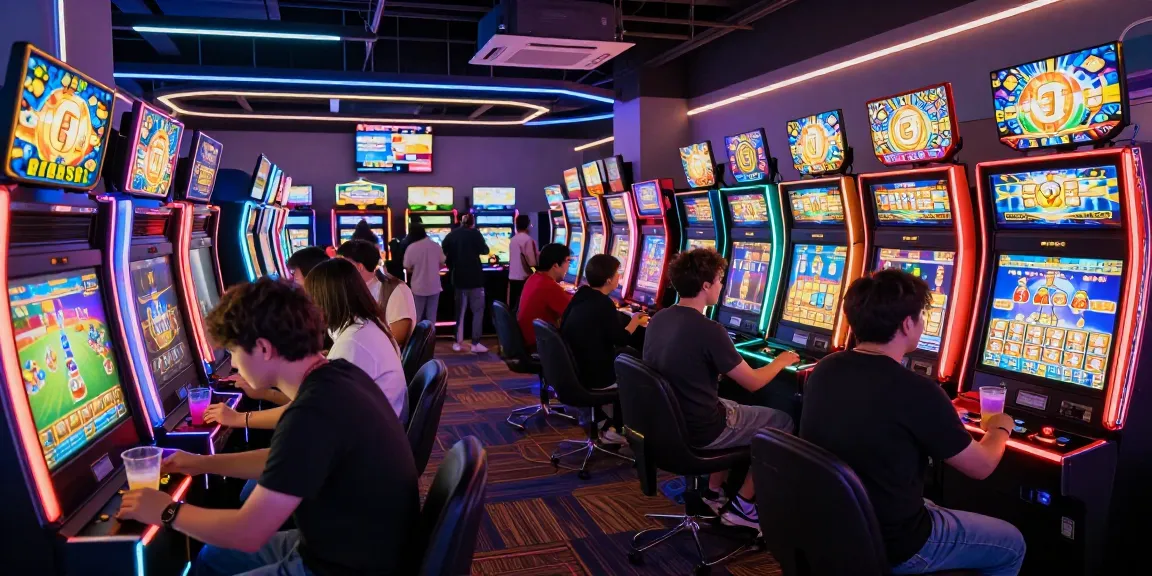 Slot online dengan pemain bersemangat di arcade futuristik, menampilkan mesin slot populer.