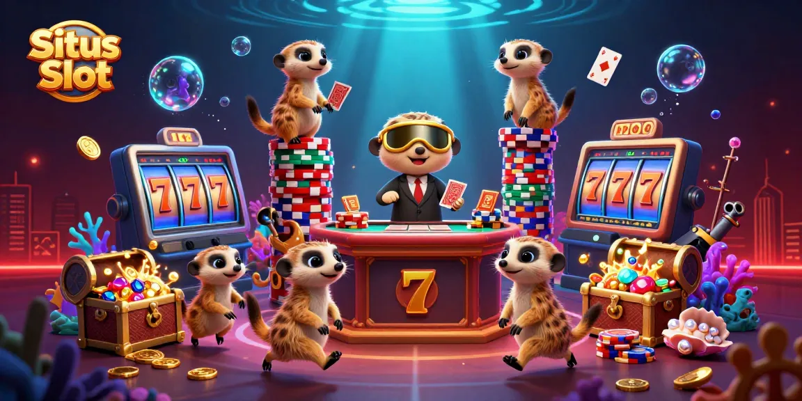 Situs Slot scene with meerkats running a vibrant casino, showcasing exciting slots and colorful underwater treasures