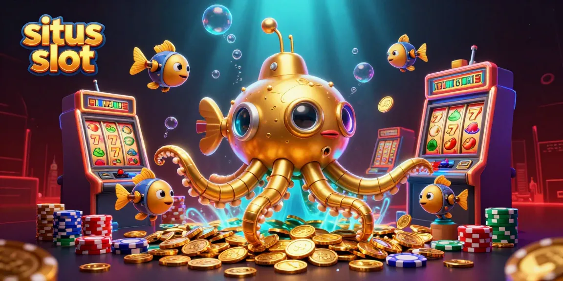 Engage with situs slot featuring an animated kraken submarine amidst golden coins and slot elements