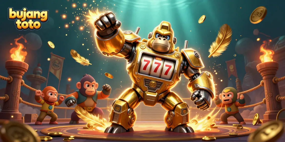 Memenangkan bujang toto dengan ilustrasi 3D kasino yang menggambarkan gorila mecha dan simbol kemenangan.